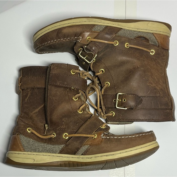 Sperry Women’s 9 Brown Leather Duck Boots Non-Marking Sole Lace Zip Riding Style - Picture 5 of 15
